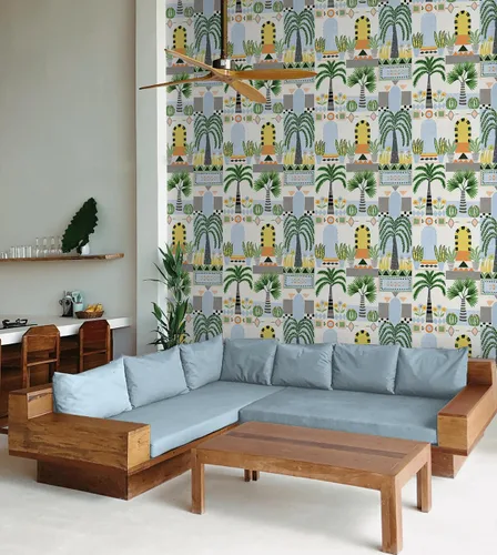 Vista 6 de NextWall Papel tapiz de fachada tropical para despegar y pegar (azul cielo y blanco roto)