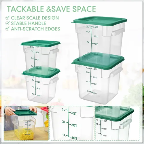 Vista 3 de Lallisa 4 recipientes transparentes de almacenamiento de alimentos de 8 cuartos y 4 cuartos con tapas asas y básculas, recipientes cuadrados de verde