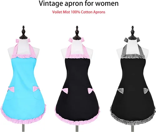 Vista 7 de Violet Mist Lindos delantales negros para mujeres con bolsillos, delantales vintage retro elegantes para niñas con lazo, vestido sexy de los años