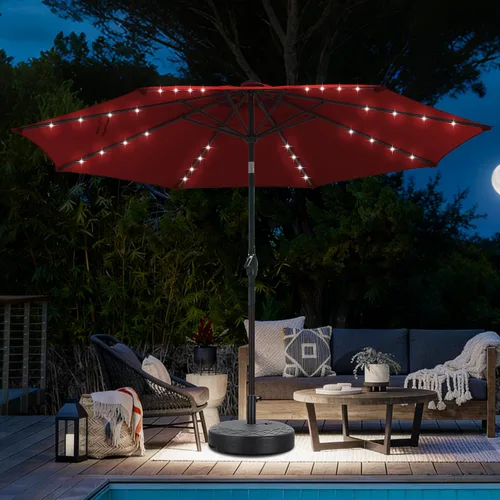 Vista 19 de Sombrilla solar de patio de 10 pies con base, 32 luces LED, sombrilla de mercado al aire libre con botón de inclinación y grietas para jardín Azul