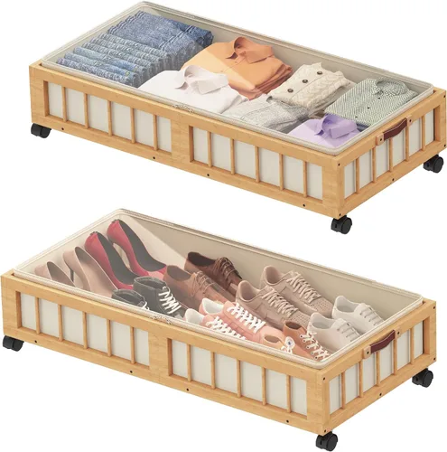 Vista 10 de efluky Paquete de 2 contenedores de almacenamiento de bambú debajo de la cama con ruedas, cesta de almacenamiento de ropa debajo de la cama
