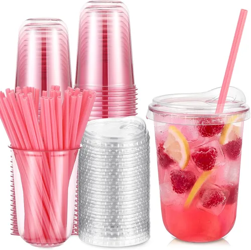 Vista 18 de Ziliny 25 juegos de vasos de plástico con pajitas y tapas de corazón rosa