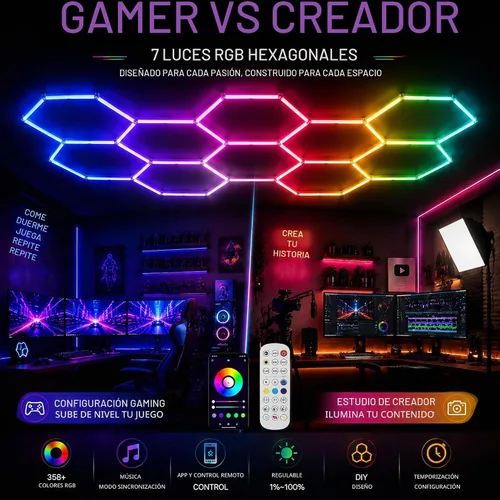 Vista 3 de 25Pack RGB Hexagon Lights,Music Sync 5Hex LED Hexagon Lights,RGB 358 Kinds of Changes Dimmable Speed-Adjustable DIY Color-Changing Lights Smart App