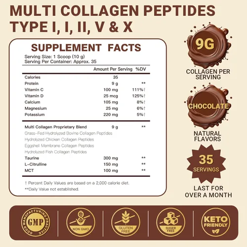 Vista 2 de DRFOSTER - Péptidos de colágeno de chocolate en polvo para mujeres y hombres, colágeno multitipo I II III V X con multivitaminas y minerales