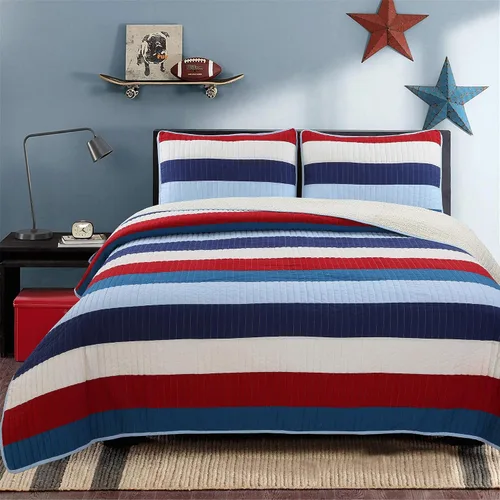 Vista 11 de Cozy Line Home Fashions Juego de ropa de cama reversible de 100% algodón con rayas rojas y azul marino (Harlan, individual, 2 piezas)