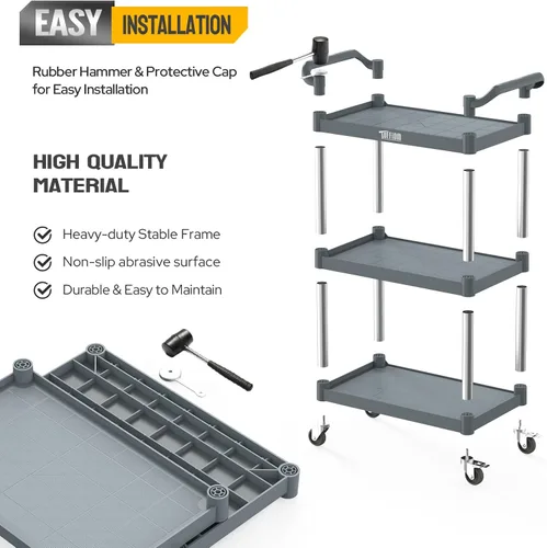 Vista 22 de TUFFIOM Carrito de servicio de plástico de 3 niveles con ruedas, resistente capacidad de 390 libras, rodante comercial, ideal para restaurantes