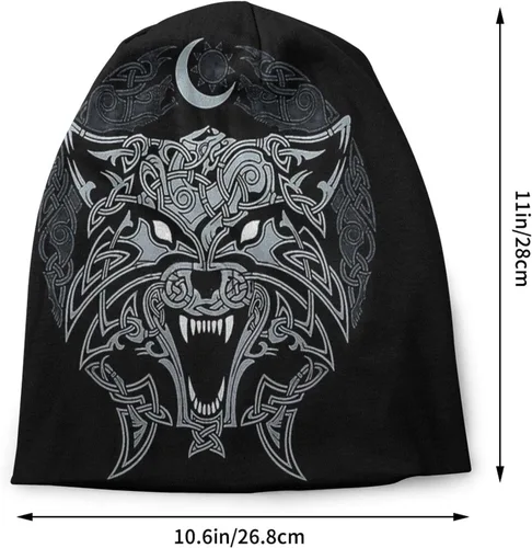 Vista 5 de Gorro de lana vikingo celta para hombre, diseño de mito nórdico Fenrir 3D, gorro de punto fino cálido para exteriores