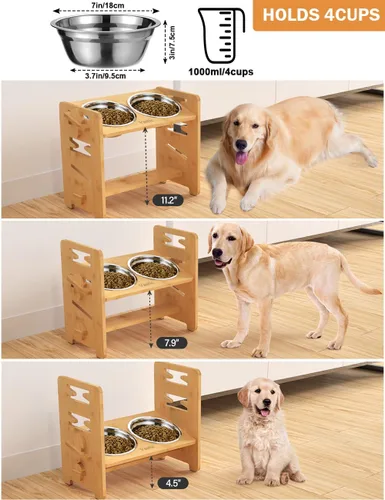 Vista 2 de Cuencos elevados para perros, soporte elevado ajustable para mascotas de tamaño mediano, alimentador de alimentos de bambú resistente con 2 platos