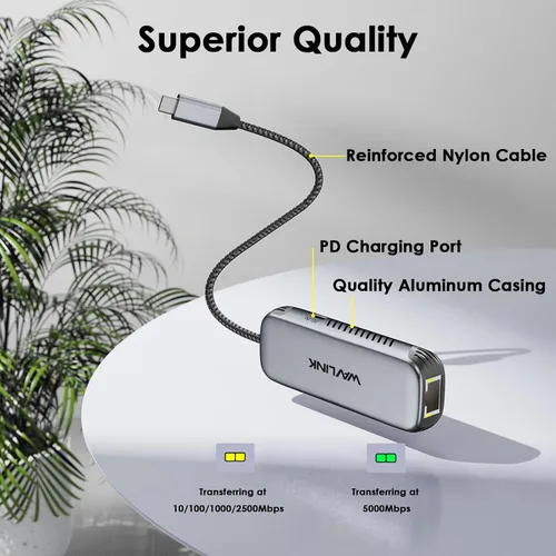 Vista 2 de WAVLINK Adaptador USB C a Ethernet de 5Gbps, convertidor de red USB-C a RJ45 de 5000Mbps con puerto de carga de 95W, carcasa de aluminio