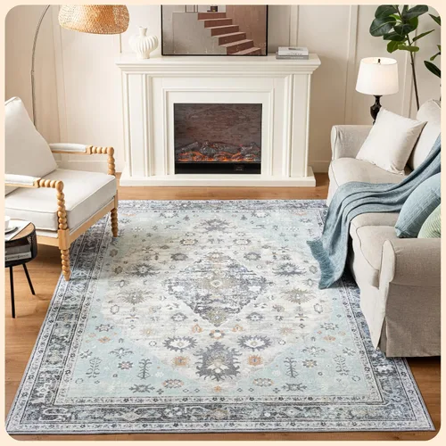 Vista 285 de Istana Alfombra larga antideslizante de 2.5 x 8 para el hogar, para pasillo y cocina, lavable, sedosa y suave al tacto, elegante, color azul y marfil
