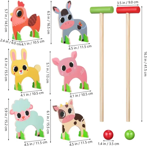 Vista 2 de TOYANDONA Juego de croquet para niños, juego de croquet de animales de madera de dibujos animados, divertidos juegos de césped para niños y niñas