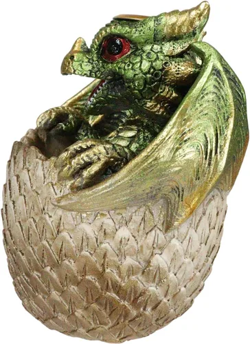 Vista 2 de Ebros Gift Adorable dragón verde Wyrmling de 4.25 pulgadas de alto sobre huevo dorado reflujo, quemador de incienso, figura de Calabozos y Dragones