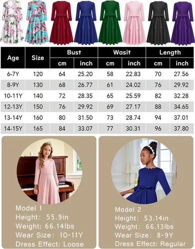 Vista 7 de Arshiner Vestido de fiesta para niñas con ribete festoneado, cinturón, acampanado, formal, por debajo de la rodilla, con bolsillos, para 6-15 años