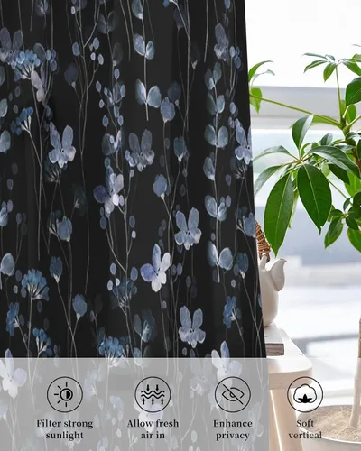 Vista 4 de Cortinas traslúcidas de flores azules de 90 pulgadas de largo, juego de 2 paneles de cortinas para cocina, dormitorio, sala de estar, puerta