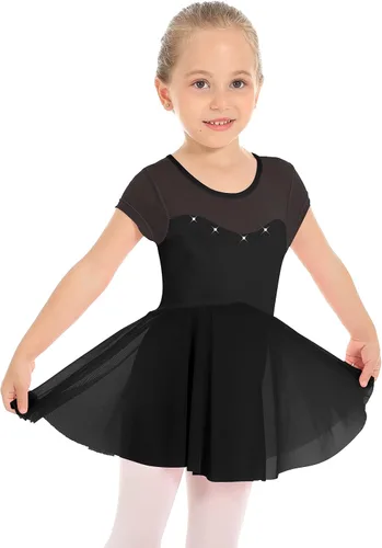 Vista 2 de Phineein Leotardos de ballet de manga corta para niñas, leotardos de baile con espalda hueca con falda Negro