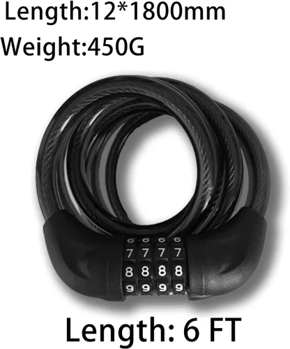 Vista 2 de Candado de cable para bicicleta de 6 pies de largo, candado de combinación reseteable de 4 dígitos, cable de acero resistente con revestimiento