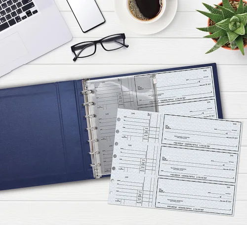 Vista 5 de Better Office Products Carpeta de cheques ejecutivos de 7 anillos con bolsa con cremallera, cubierta acolchada azul texturizada, para cheques