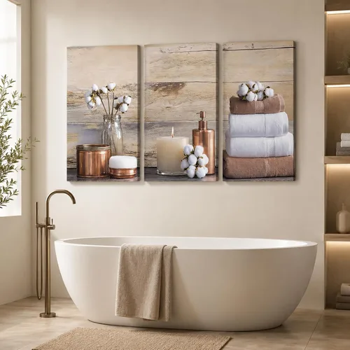 Vista 26 de KVTM 3 piezas de arte de pared de baño de granja, diseño de jabón fresco y bañera de agua, impresiones rústicas de flores en lienzo, arte estético