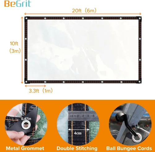 Vista 5 de BeGrit Lona transparente impermeable con ojales, a prueba de polvo, lluvia y viento, para invernadero, jardín, patio, con 18 cuerdas elásticas