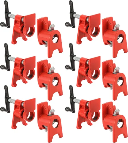 Vista 8 de Juego de abrazaderas para tuberías de madera de 3/4" con diseño de pie único rojo. Abrazaderas de barra resistentes de hierro fundido de liberación
