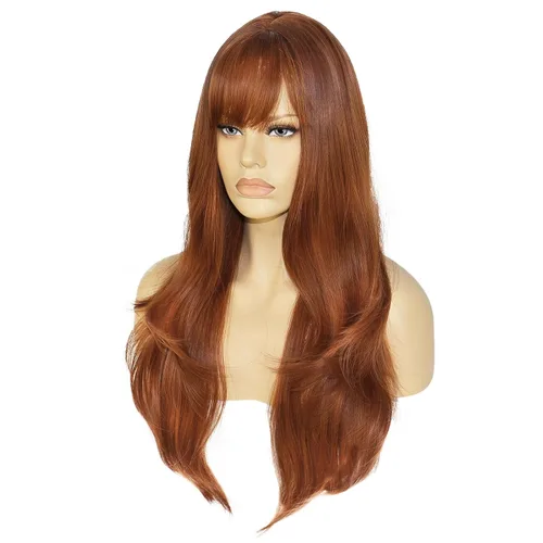 Vista 4 de + Gorra de peluca de 28 pulgadas, peluca de jengibre con flequillo, peluca roja cobre para mujer, peluca roja cobre con flequillo, cabello en capas