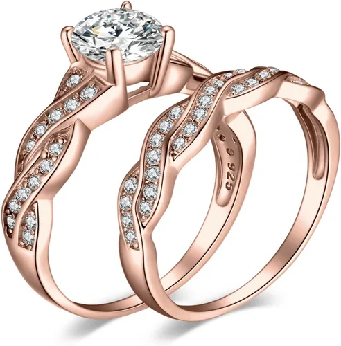 Vista 8 de JewelryPalace - Anillos de boda y compromiso para mujer, chapados en oro de 14 quilates, plata de ley 925 con circonita cúbica, anillos de promesa