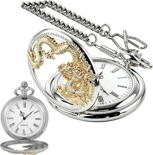 Vista 8 de Dragon Quartz Pocket Watches for Men Roman Numerals Pocket Watch with Chain Cus-CF18-plata