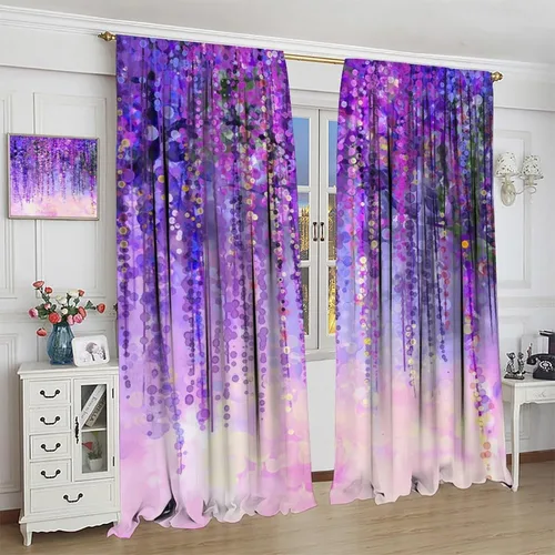 Vista 4 de Cortinas florales de acuarela para dormitorio, sala de estar, cortinas de ventana de vides en cascada de glicina morada, paneles de ventana florales