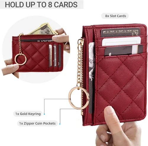 Vista 6 de Soporte para tarjetas de crédito, cartera delgada con llavero con bolsillo frontal para monedas, bolsillo frontal pequeño para mujer, color rojo