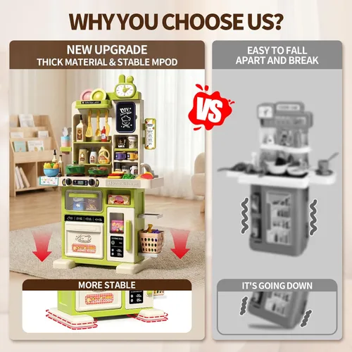 Vista 3 de Juego de cocina para niños de 33.8 pulgadas - 70 piezas con sonido y luz - Estufa de cocina con vapor, fregadero de juego y accesorios de cocina