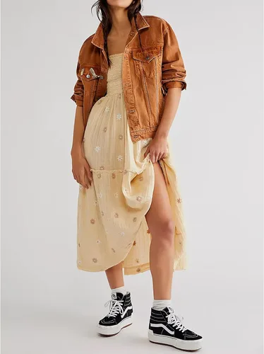 Vista 2 de ABYOVRT Vestido largo bordado floral para mujer, manga larga abombada, cuello cuadrado, bohemio, fluido con bolsillos, vestido de otoño fruncido