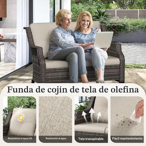 Vista 3 de Sofá biplaza para patio al aire libre, sofá biplaza de mimbre de 2 plazas para todo tipo de clima con cojines, sofá biplaza de patio al aire libre