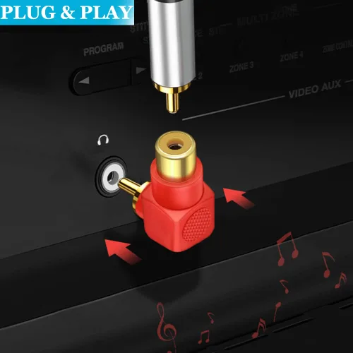 Vista 6 de Conectores RCA macho a hembra en ángulo recto, paquete de 12 adaptadores RCA M/F de 90 grados, codo chapado en oro (6 negros + 6 rojos)