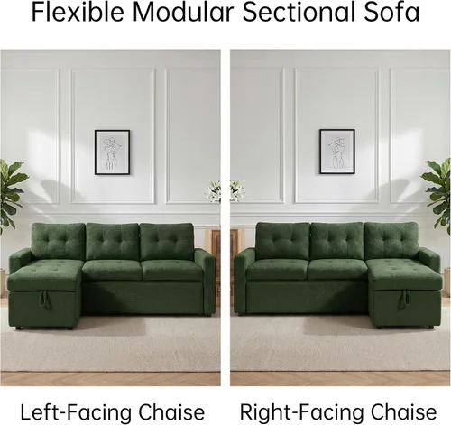 Vista 4 de HIPIHOM Sleeper Sectional Sofa with Pull-Out Bed, Reversible Storage Chaise Dark Green