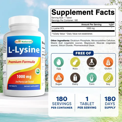 Vista 2 de Best Naturals L-Lisina 1000mg 180 Tabletas - Lisina de Doble Fuerza para una Salud Inmune Más Fuerte y para el Herpes Labial