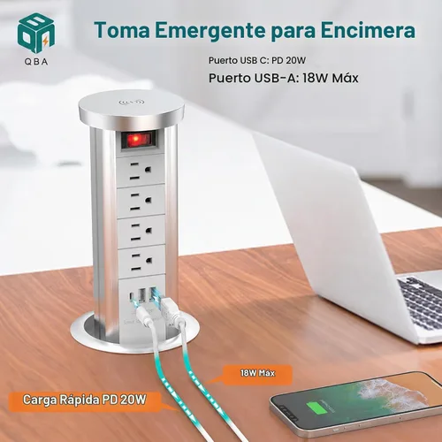 Vista 3 de Toma de corriente desplegable para encimera con PD de 20 W USB-C, toma de escritorio empotrada con cargador inalámbrico de 10 W, 4 salidas de CA, 3