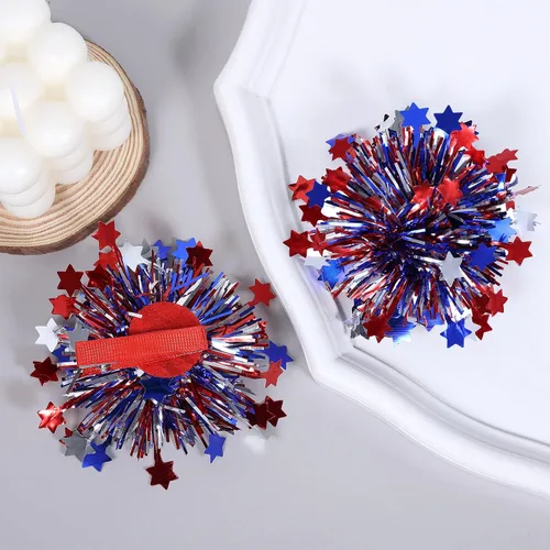 Vista 5 de Pinzas patrióticas para el 4 de julio para niñas y mujeres, con lazo metálico para animadora, con purpurina, rojo, blanco y azul, accesorios