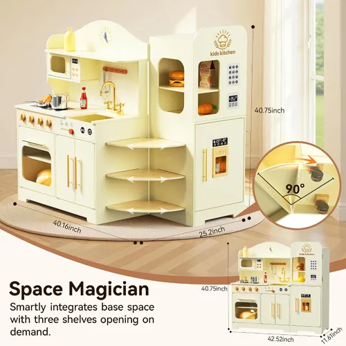Vista 2 de Juego de cocina para niños con diseño giratorio, juego de cocina de madera para niños con máquina de hielo, juego de cocina de juguete para niños
