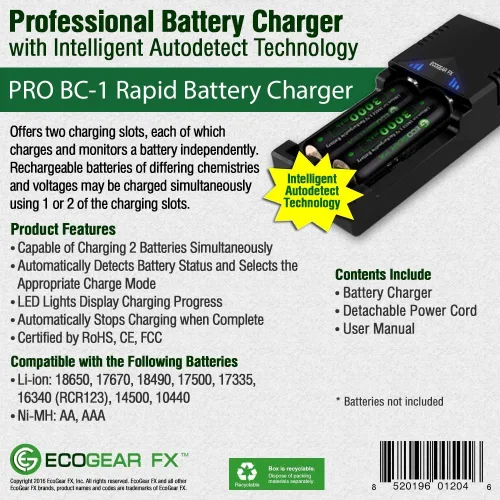 Vista 2 de Cargador inteligente de batería de litio dual, carga rápida de iones de litio EcoGear FX - Carga rápidamente 18650, 14500, AAA, AA y la mayoría