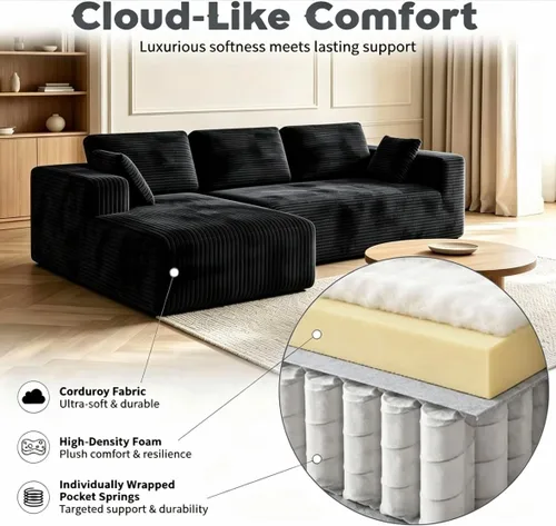 Vista 4 de Sofá modular de pana de 106 pulgadas, sofá en forma de L deshuesado con asiento profundo, sofá de espuma de nube con diván de gran tamaño, sofá Negro