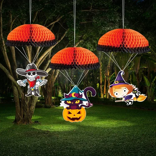 Vista 6 de Adornos colgantes de Halloween para exteriores, adornos colgantes grandes de Halloween para árbol, 3 adornos de bola de panal de abeja de Halloween