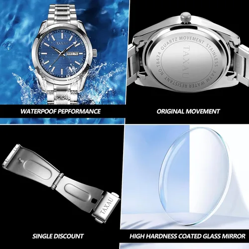 Vista 5 de Taxau Reloj minimalista para hombre, reloj de cuarzo de acero inoxidable para hombre con fecha, reloj clásico de cara grande impermeable para hombre