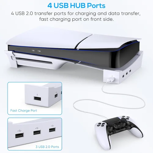 Vista 4 de KOVA Soporte horizontal para consola PS5 Slim con concentrador USB de 4 puertos, accesorios de soporte base para Playstation 5 2023 y edición