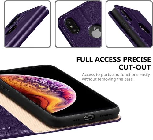 Vista 4 de Belemay Funda tipo cartera compatible con iPhone X, compatible con iPhone 10, piel de vaca genuina con tapa [bloqueo RFID], tarjetero, funda