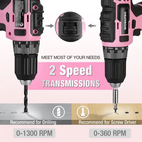 Vista 8 de WORKPRO Taladro Atornillador Inalámbrico Rosa de 20V y Juego de Herramientas para el Hogar, Kit de Herramientas Manuales de 141 Piezas