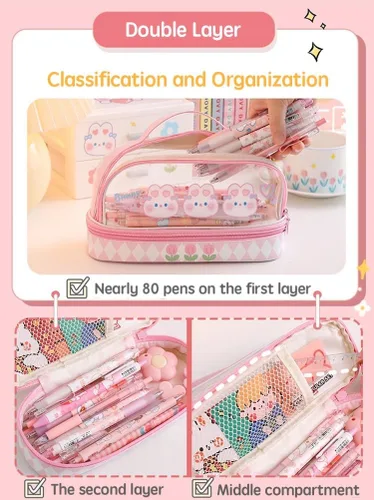 Vista 3 de JHTPSLR Estuche para lápices Kawaii grande con correa de doble capa, transparente, impermeable, lindo estuche para lápices, bolsas para bolígrafos