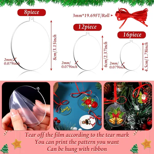 Vista 2 de 36 piezas de adornos acrílicos transparentes en blanco, adornos de círculo redondo de plástico para manualidades con cinta roja, decoración