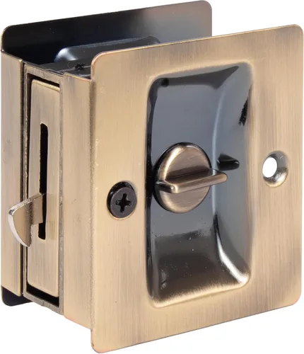 Vista 3 de Stone Harbor Hardware Cerradura de puerta de bolsillo cuadrado premium, función de privacidad, latón antiguo