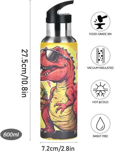 Vista 9 de Stainless Steel Vacuum Insulated Water Bottle 20 Oz, Leakproof Water Bottles for Gym Outdoor Travel School, Red Dinosaur Hamburger Yellow
