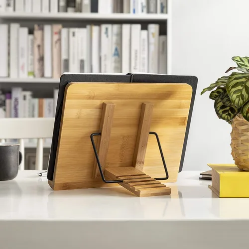 Vista 5 de wishacc Soporte de libros de bambú, bandeja ajustable para libros y clips de papel para páginas - Escritorio de lectura para libros de cocina